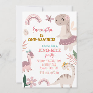 Invitation Pink Pastel Cute Dino Première fête d'anniversaire