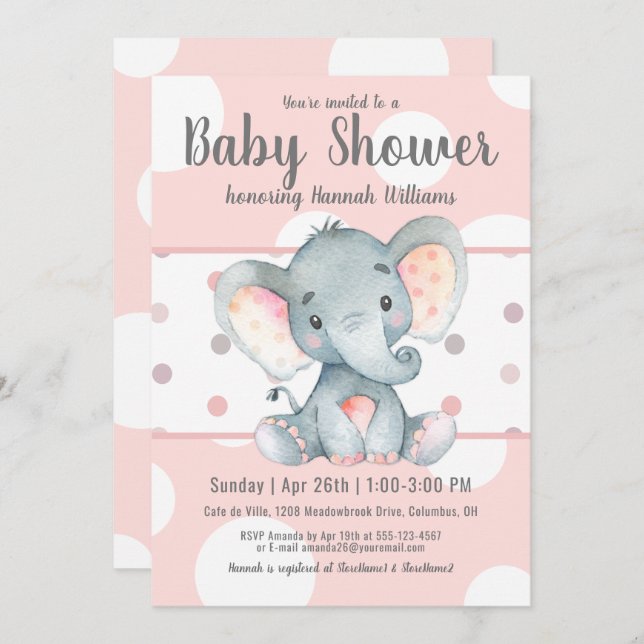 Invitation Pink Pastel Dots Baby shower Eléphant mignon (Devant / Derrière)