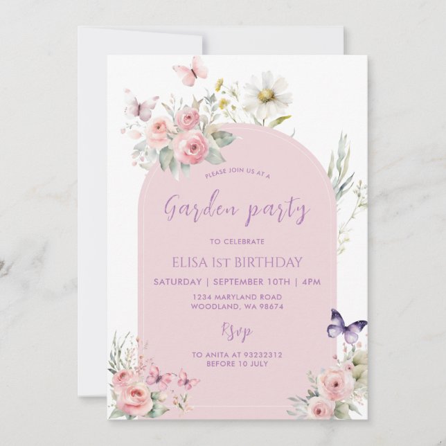 Invitation Pink Pastel Floral Butterfly Garden Party (Devant)