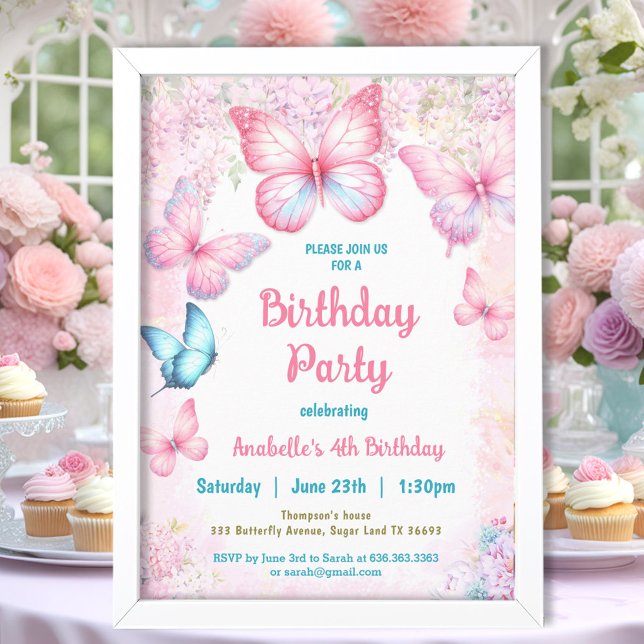 Invitation Pink Pastel Floral été papillon fille Anniversaire (Pink Pastel Floral Summer Butterfly Girl Birthday Invitation)
