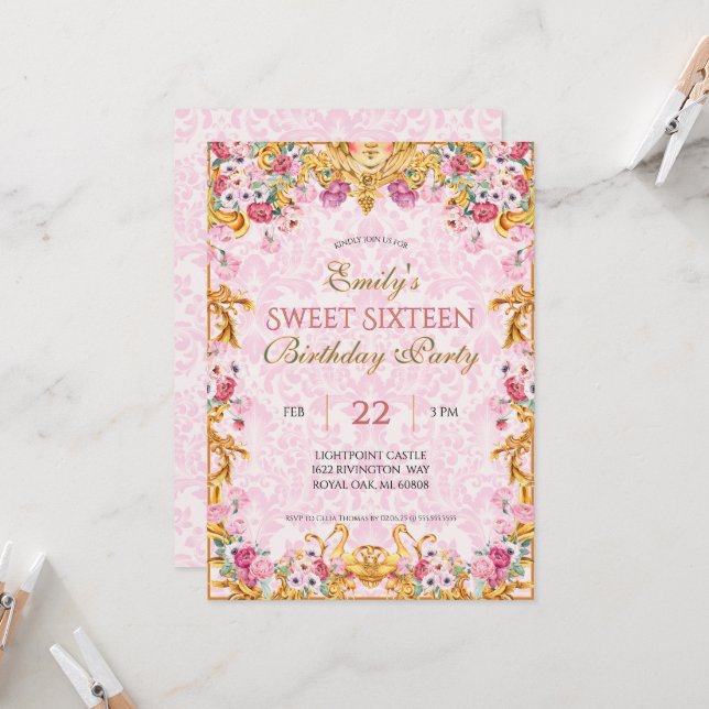 Invitation Pink Pastel Gold Sweet sixteen Rococo Anniversaire (Devant/Arrière en situation)