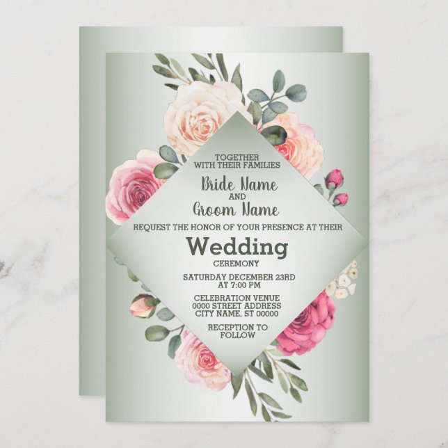 Invitation Pink Peach Roses Rustic Green Geometric Wedding (Devant / Derrière)