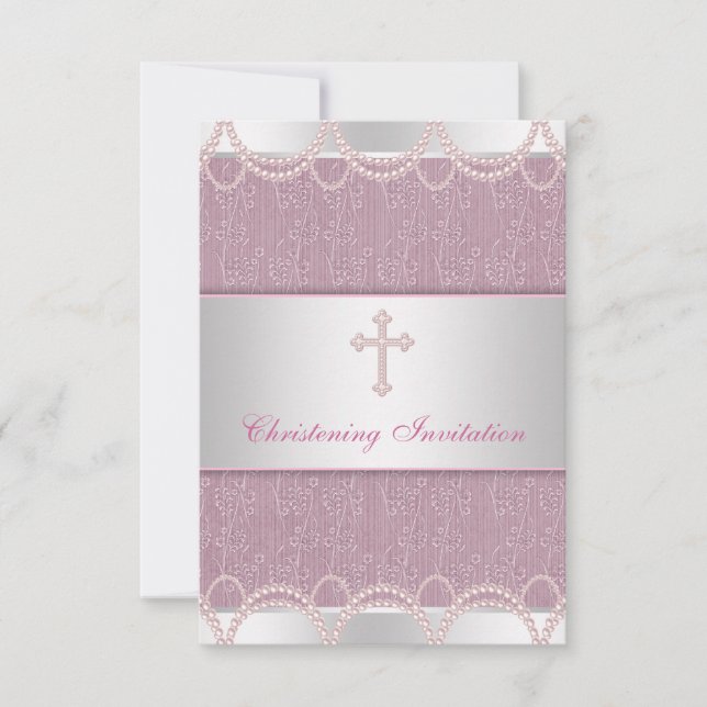 Invitation Pink Pearl Cross Baby Girl Baptism Christening (Devant)