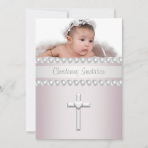 Invitation Pink Pearls Cross Baby Girl Photo Christening