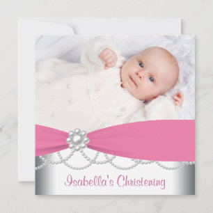 Invitation Pink Pearls Girls Pink Photo Christening Invitatia