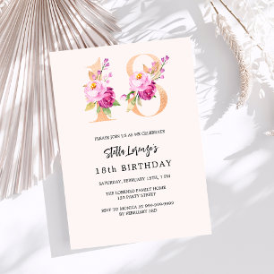 Invitation Pink pêche floral numéros or 18e anniversaire