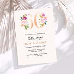 Invitation Pink pêche floral numéros or 60e anniversaire<br><div class="desc">Une invitation moderne,  élégante et glamour pour un 60ème anniversaire. Un arrière - plan de couleur pêche. Décoré avec des numéros de foral en faux or et rose. Le nom est écrit avec un script de style moderne écrit à la main. Personnalisez et ajoutez les détails de votre fête.</div>