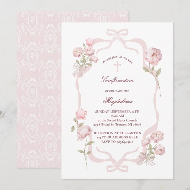 Invitation pink peonies Confirmation girl (Devant / Derrière)