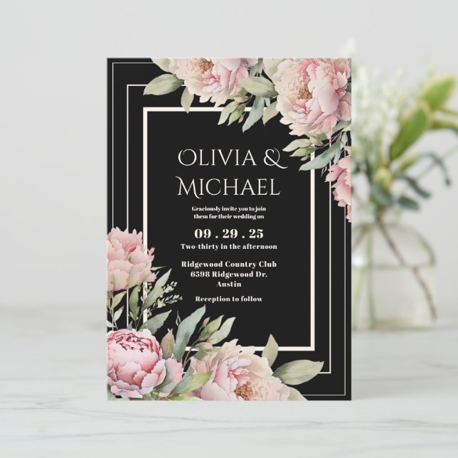 Invitation Pink Peonies Floral Black Elegant Wedding (Debout devant)