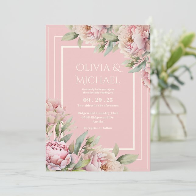 Invitation Pink Peonies Floral Elegant Wedding (Debout devant)