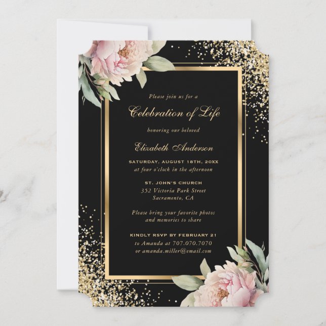Invitation Pink Peony Black Gold Photo Célébration de la vie (Devant)