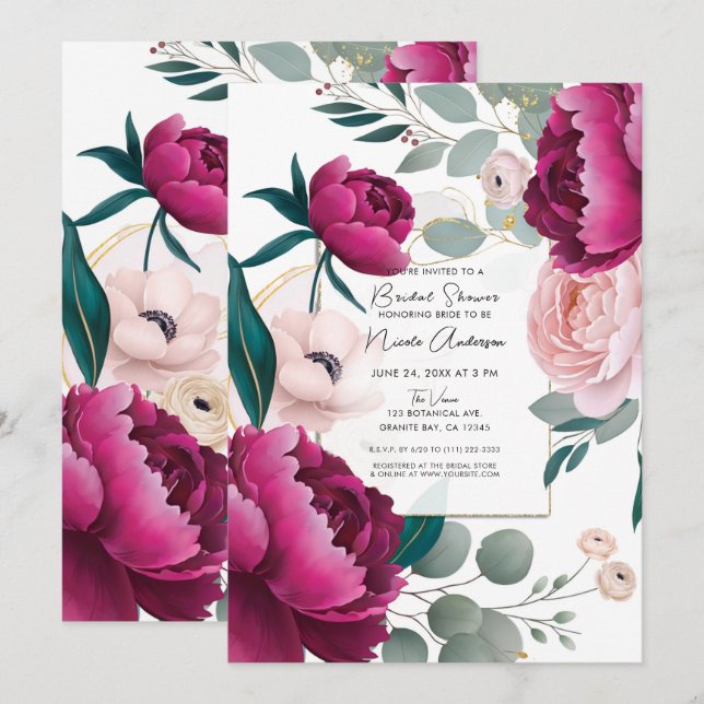 Invitation Pink Peony Eucalyptus Garden Floral Bridal Shower (Devant / Derrière)
