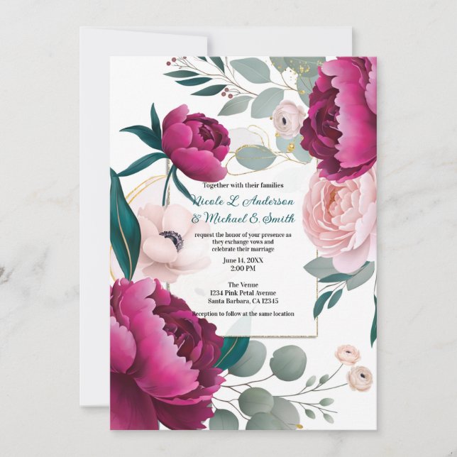 Invitation Pink Peony Eucalyptus Garden Floral Glam Wedding  (Devant)