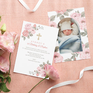 Invitation Pink Peony Gold Cross Baby's 1st Birthday Baptism