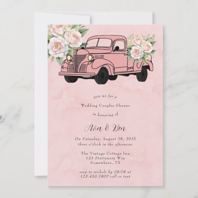 Invitation Pink Peony Vintage Camion Mariage Couples Douche (Devant)
