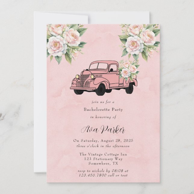 Invitation Pink Peony Vintage Truck Bachelorette Party (Devant)