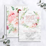 Invitation Pink Peony Wreath Rose Gold Marble Typographie 100<br><div class="desc">Mains bas ma conception préférée à ce jour, cette magnifique invitation d'anniversaire présente LES plus beaux flores d'aquarelle que j'ai jamais vu - tellement réalistes qu'ils ressemblent à des photos ! Une couronne de pivoines roses et astilbe, dahlias, boules d'allium, branches d'eucalyptus, et un délicat chrysanthème bordeaux entourent un faux...</div>