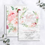 Invitation Pink Peony Wreath Rose Gold Marble Typographie 60e<br><div class="desc">Mains bas ma conception préférée à ce jour, cette magnifique invitation d'anniversaire présente LES plus beaux flores d'aquarelle que j'ai jamais vu - tellement réalistes qu'ils ressemblent à des photos ! Une couronne de pivoines roses et astilbe, dahlias, boules d'allium, branches d'eucalyptus, et un délicat chrysanthème bordeaux entourent un faux...</div>