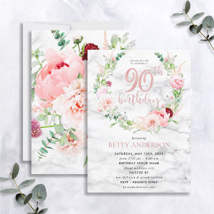 Invitation Pink Peony Wreath Rose Gold Marble Typographie 90e