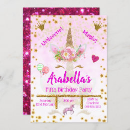 Invitation Pink personnalisé, Gold Stars Unicorn Anniversaire