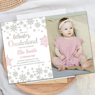 Invitation Pink Photo NeigeFlake hiver Anniversaire Onederlan