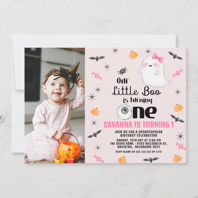 Invitation Pink Photo Our Little Boo Halloween 1er Anniversai (Devant)