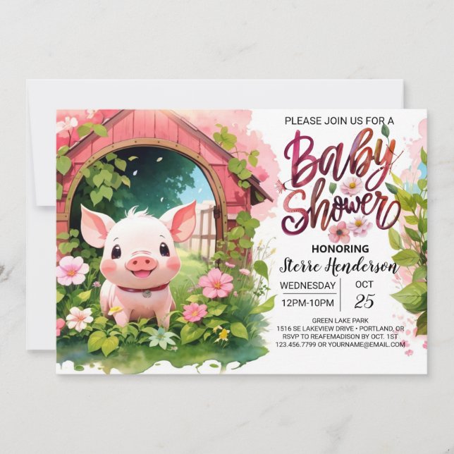 Invitation Pink Piglet Pals Baby shower agricole (Devant)
