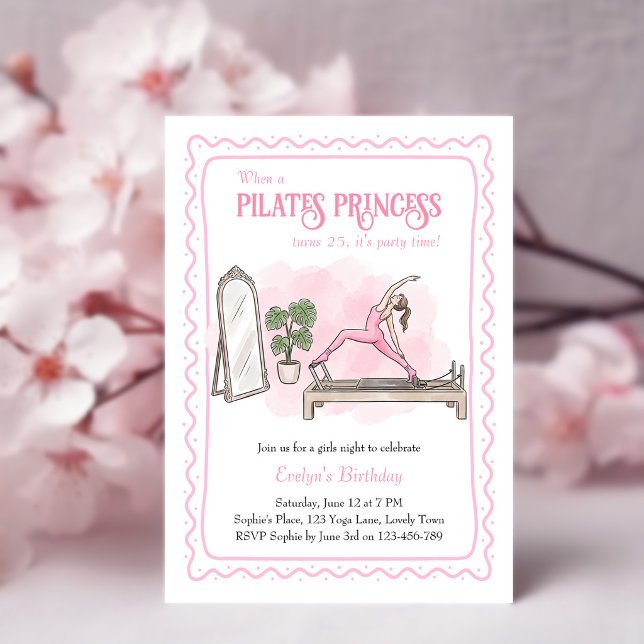Invitation Pink Pilates Princess Girls Night Birthday (Pilates Princess birthday invitation with hand-drawn wiggly frame and reformer pilates scene)