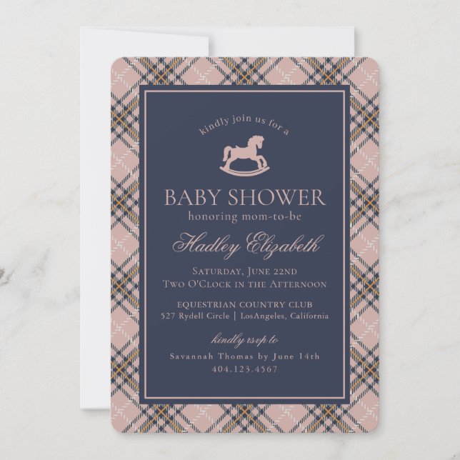 Invitation Pink Plaid Classic Rocking Horse Baby Shower (Devant)