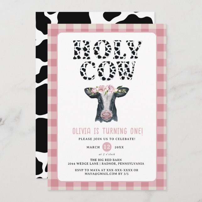 Invitation Pink Plaid Holy Cow Premier Anniversaire (Devant / Derrière)