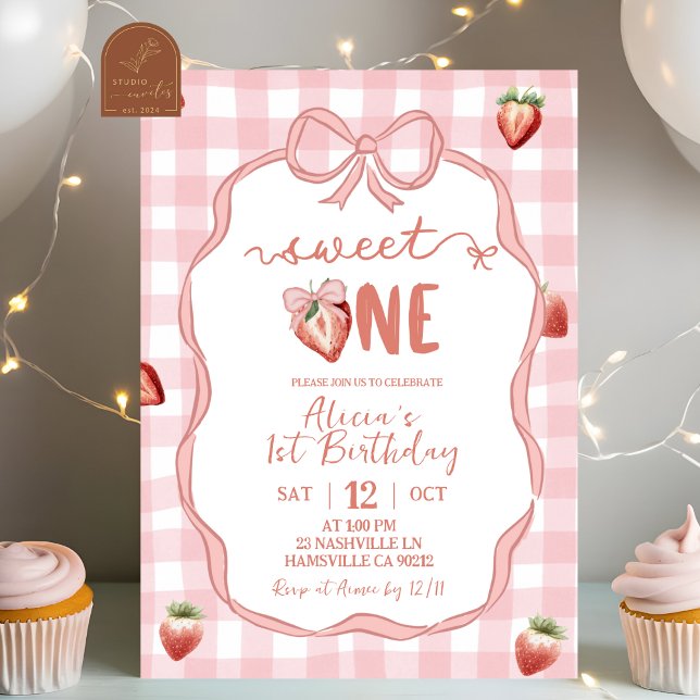 Invitation Pink Plaid Strawberry Coquette sweet one birthday (Créateur téléchargé)