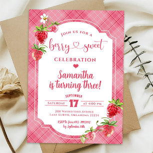 Invitation Pink Plaid Sweet Girl fraise 3e anniversaire