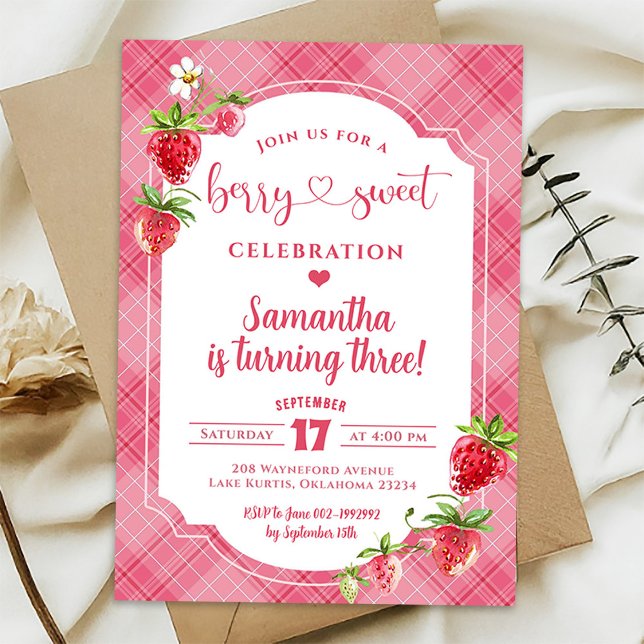 Invitation Pink Plaid Sweet Girl fraise 3e anniversaire (Créateur téléchargé)