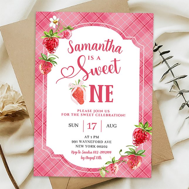 Invitation Pink Plaid Sweet One Girl Strawberry 1er anniversa (Créateur téléchargé)