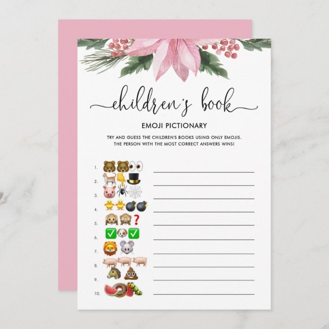 Invitation Pink Poinsettia Emoji jeu de Baby shower Pictionar (Devant / Derrière)