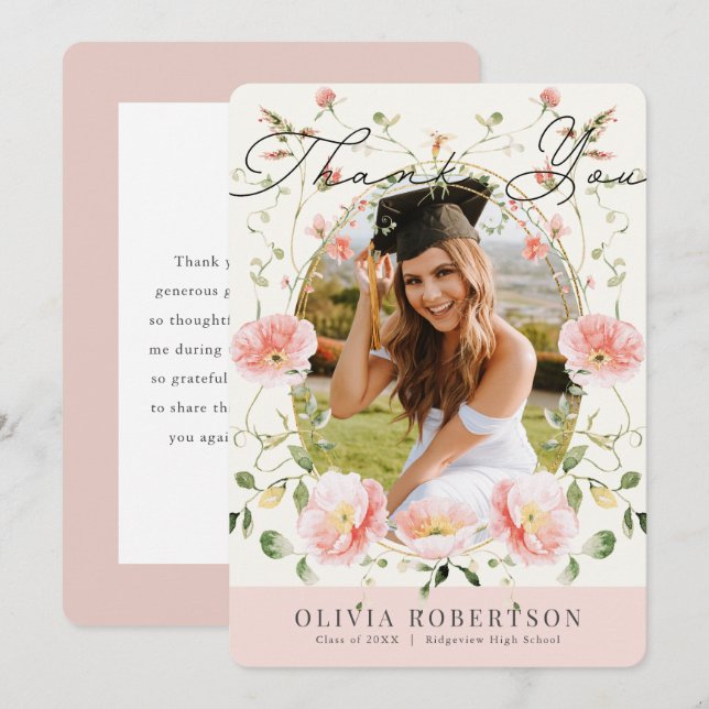 Invitation Pink Poppy Floral Photo Graduation Thank You Card (Devant / Derrière)