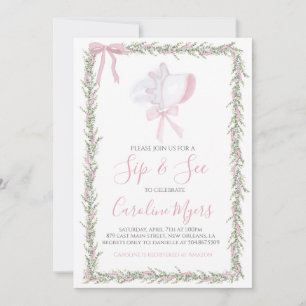 Invitation Pink Preppy Bonnet Girl Sip & See