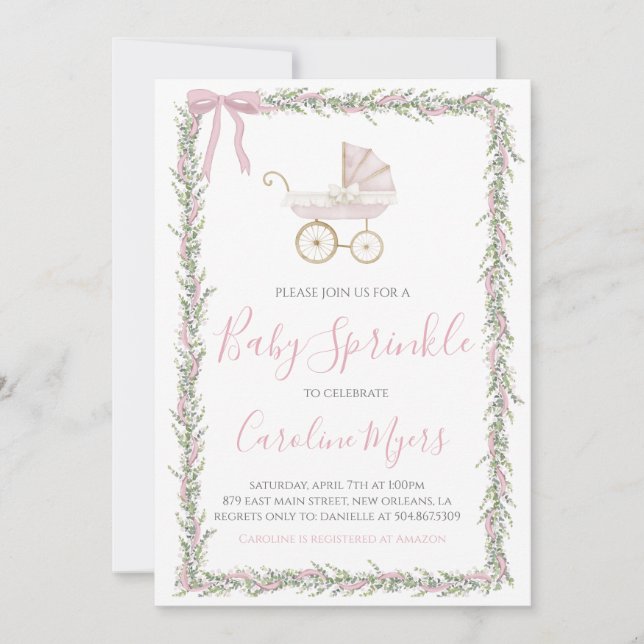 Invitation Pink Preppy Carriage Girl Baby Sprinke (Devant)