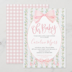Invitation Pink Preppy Floral Coquette Bow Baby Girl