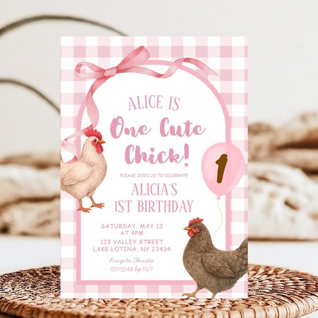 Invitation Pink Preppy Plaid Un mignon poussin Anniversaire (Créateur téléchargé)