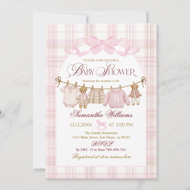 Invitation Pink Preppy Teddy Bear Girl Baby Shower Plaid Bow (Devant)