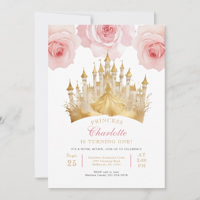 Invitation Pink Princess 1ère fête d'anniversaire Fairytale C (Devant)