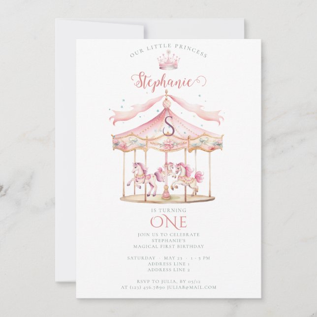 Invitation Pink Princess Carousel Magique 1er anniversaire fi (Devant)