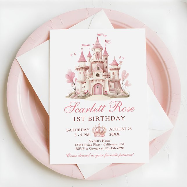 Invitation Pink Princess Castle Floral 1st Birthday Party (Créateur téléchargé)