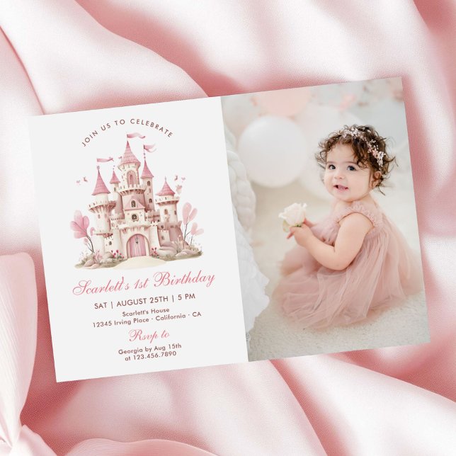 Invitation Pink Princess Castle Floral Girl's Birthday Photo (Créateur téléchargé)