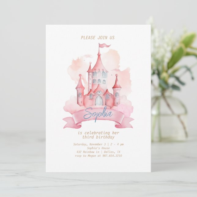 Invitation Pink Princess Castle Girl Anniversaire (Debout devant)