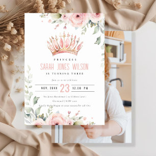 Invitation Pink Princess Crown Tiara Floral Photo Anniversair