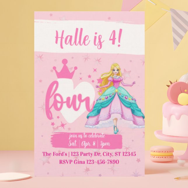 Invitation Pink Princess Doll, 4th Birthday (Créateur téléchargé)