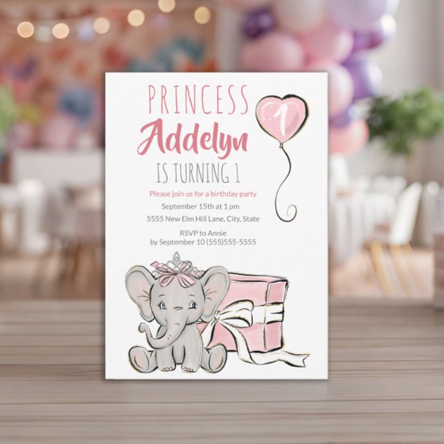 Invitation Pink Princess Elephant Child's 1st Birthday Party (Baby elephant little girl's 1st birthday invitation)