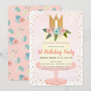 Invitation Pink Princess Floral Cake Girl 1er anniversaire